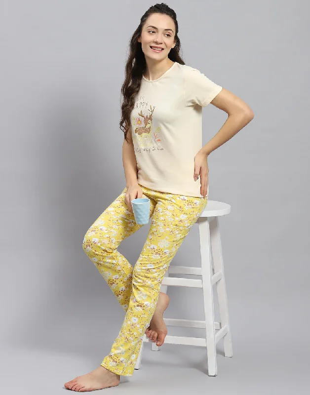 Women's Fashion-Forward Apparel Women Yellow Printed Round Neck Half Sleeve Lower Set