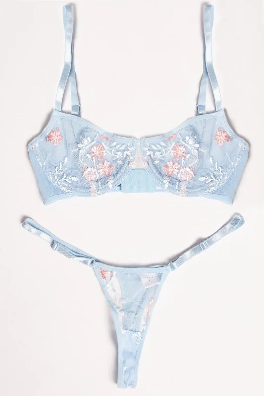 Women's Functional Apparel For Outdoor Activities Blue Embroidery Lingerie Set