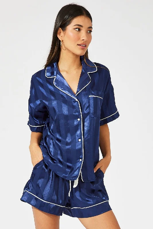 Women's Clothes And Apparel Blue Stripe Satin Stripe Pj Contrast Piping Pyjama Set