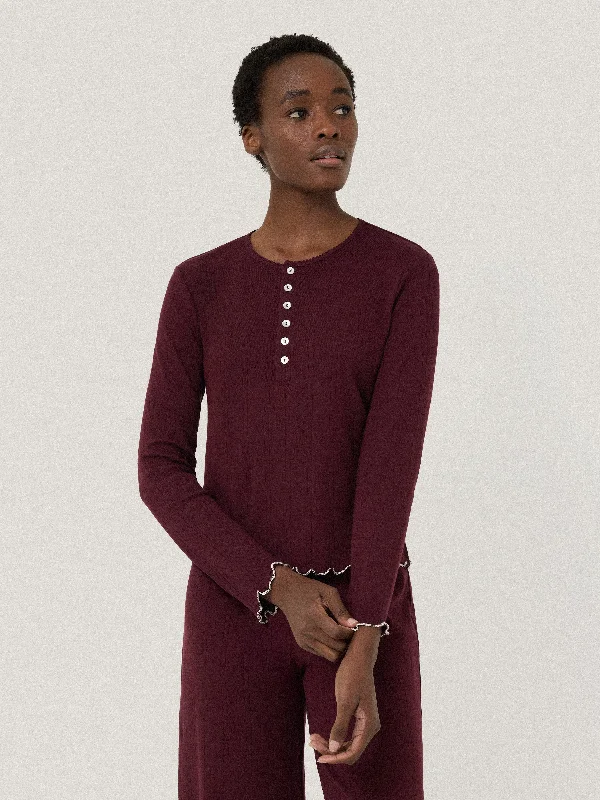 Modern Women's Clothes Pointelle Pyjama Henley Top | Burgundy