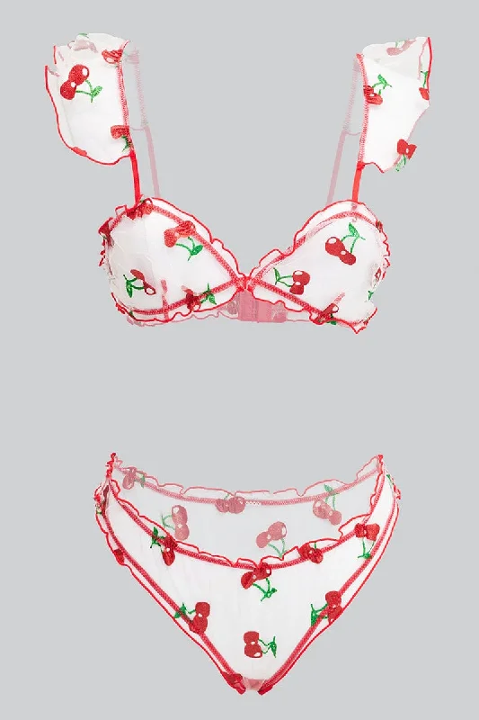 Women's Office Clothing Red Cherry Embroidery Lingerie Set