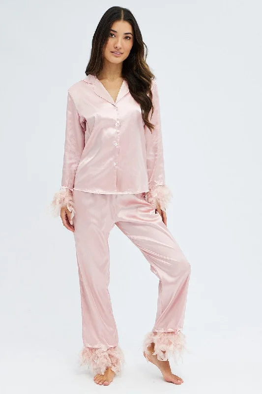 Women's Activewear Garments Pink Feather Satin Set