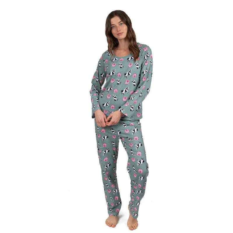 Classic Women's Apparel Womens Two Piece Cotton Loose Fit Pajamas Cow Green