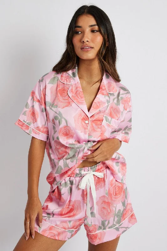 Comfortable Women's Clothes Pink Floral Pyjama Set Satin Short Sleeve Piping PJ