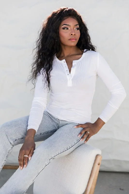 Women's Outerwear Clothing All The Better White Ribbed Knit Henley Tee