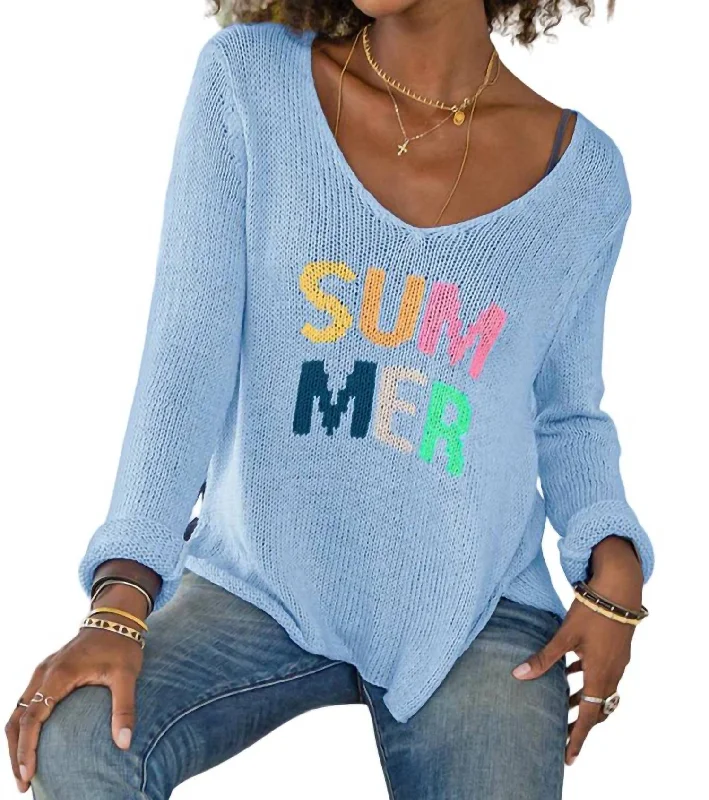 Women's Fashionable Clothing Sets Summer V Neck Sweater In Blue