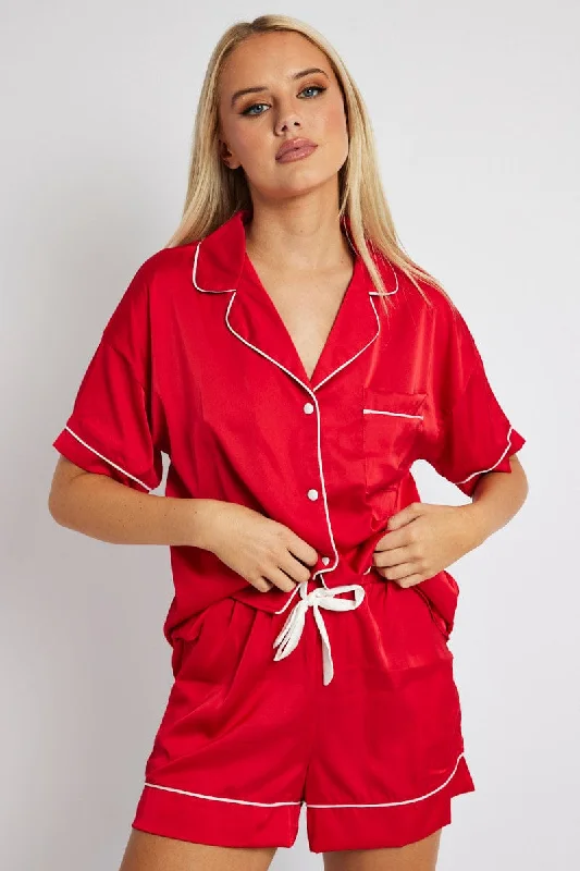 Women's Outerwear Garments Red Pyjama Set Satin Short Sleeve Contrast Piping PJ