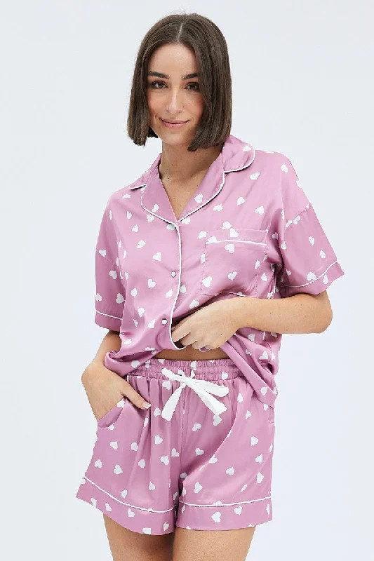 Women's Effortless Casual Outfit Pink Polka Dot Pink Satin Hearts Contrast Piping Pyjama Set