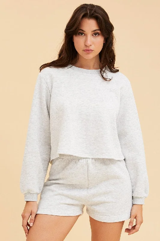 Women's Holiday Attire Grey Cropped Sweat Bell Sleeve Crew Neck Relaxed Fit