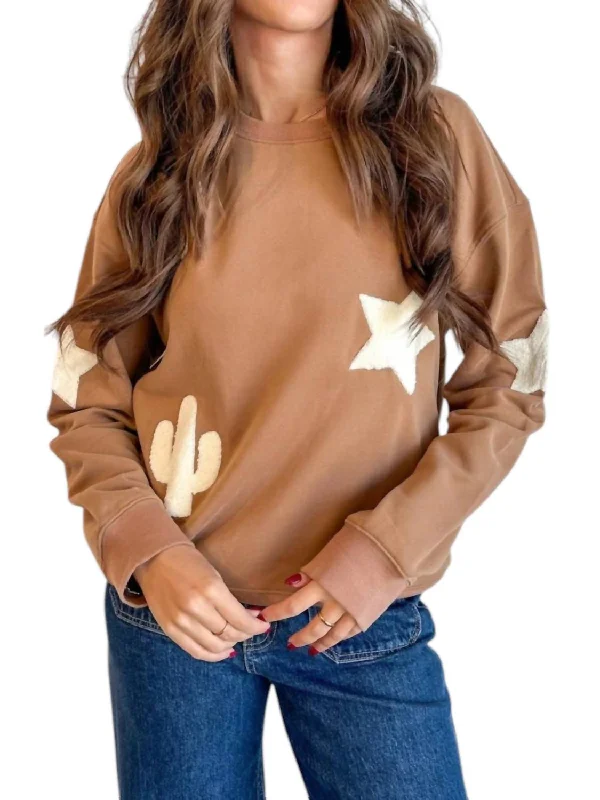 Women's Athletic Apparel Western Patchwork Sweatshirt In Tan