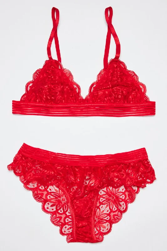 Women's Formal Event Attire Red Lace Lingerie Set