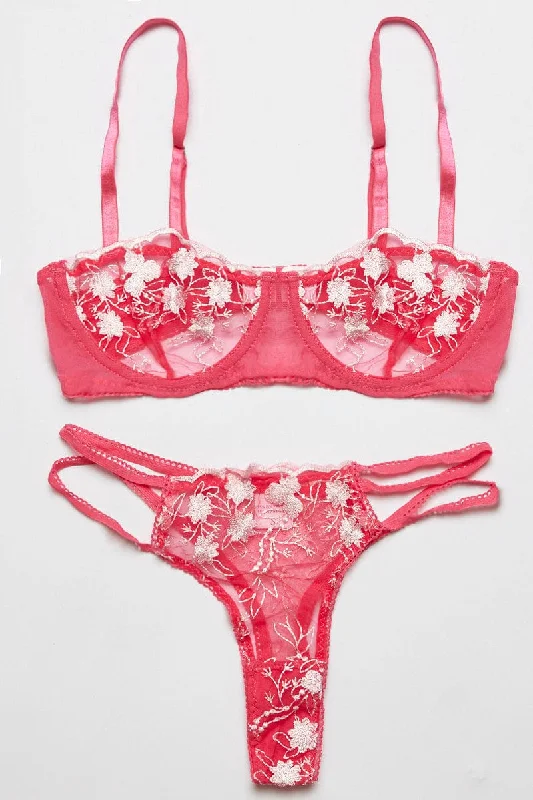 Comfortable Women's Attire Pink Embroidery Lingerie Set