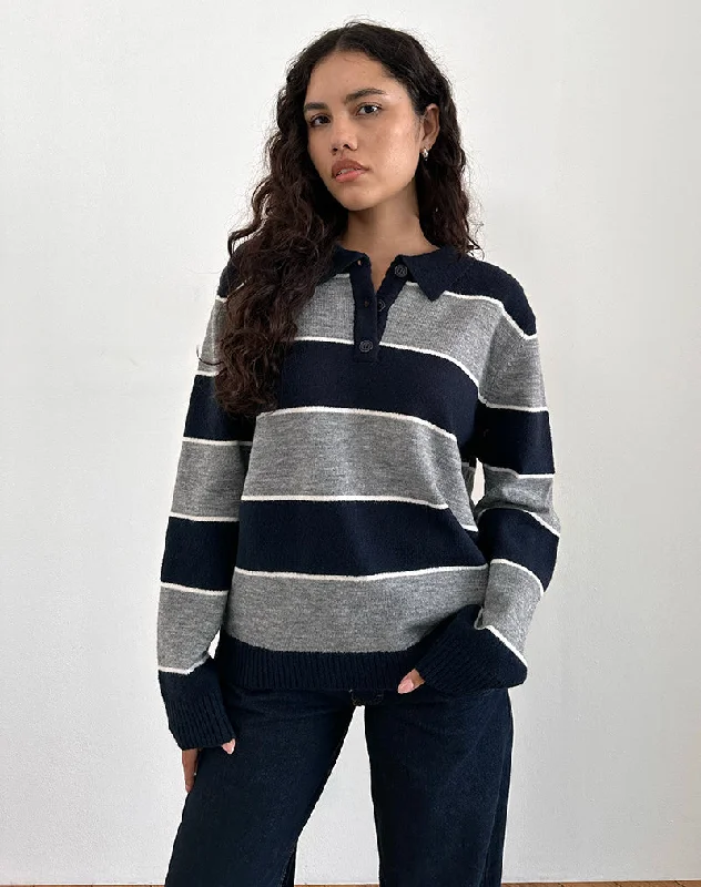 Women's Clothing For Outdoor Events Yusnada Oversized Rugby Jumper in Navy and Grey Stripe