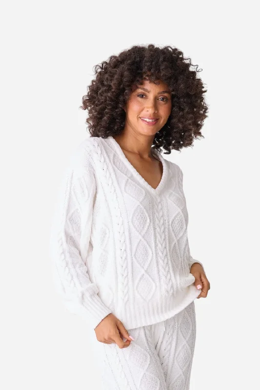 Women's Plus-Size Garments PJ Salvage Long Sleeve Cable Crew Top Ivory