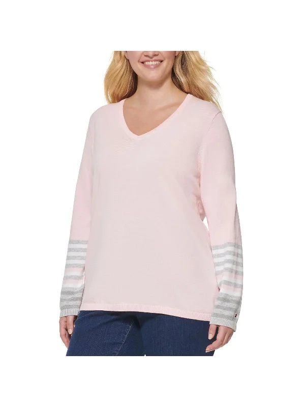 Casual Outfit For Women Plus Womens V-Neck Striped Pullover Sweater