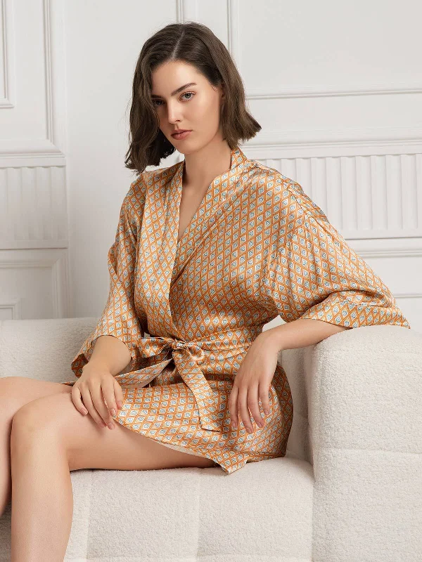 Women's Athletic Outfit Pure Silk Printed 3/4 Sleeve Women's Dressing Gown (With belt)