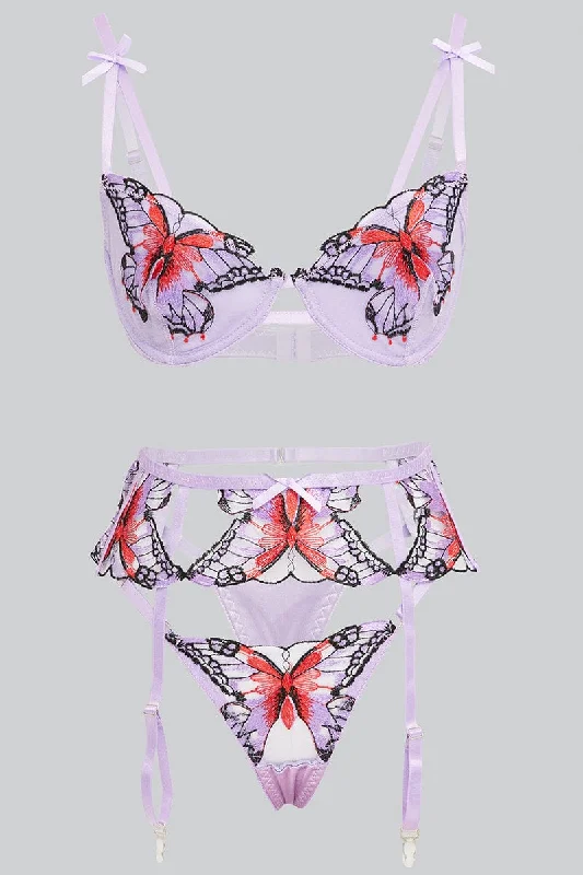 Fashionable Women's Casual Apparel Purple Butterfly Embroidery Lingerie Set