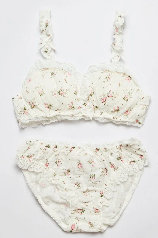 Women's Work Apparel White Floral Print Lingerie Set