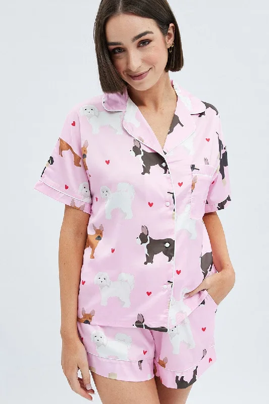 Timeless Women's Outfit Pink Print Mixed Dogs Pj Satin Piping Detail Pyjama Set