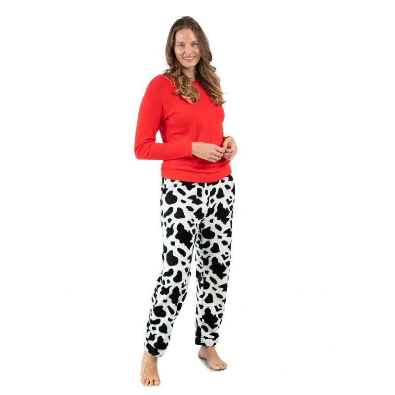 Women's Occasion Wear Clothes Womens Cotton Top and Fleece Pant Pajamas Cow Black