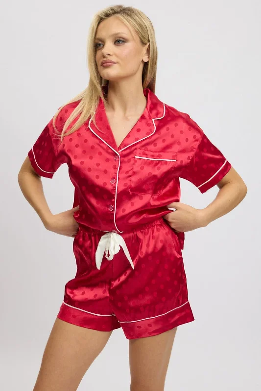 Women's Chic Outerwear Attire Red Satin Pyjamas Set Short Sleeve