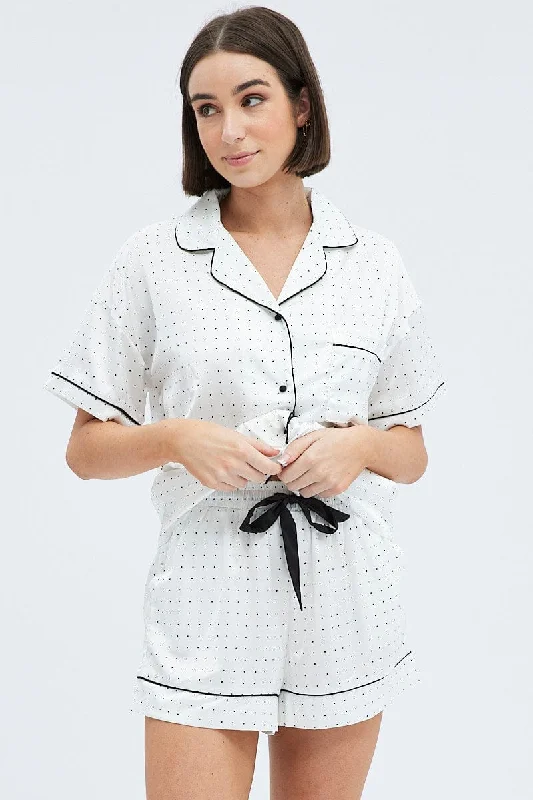 High-Fashion Women's Clothing White Polka Dot Polka Pj Contrast Piping Satin Pyjama Set