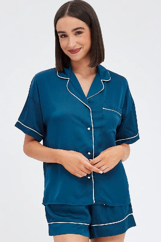 Women's Date Night Outfit Blue Satin Pj Piping Button Through Pyjama Set