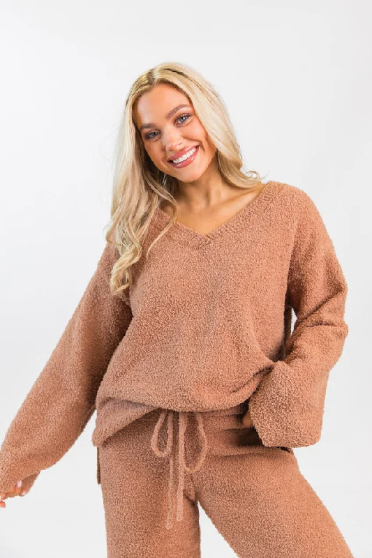 Women's Chic Outerwear Attire Dawn Teddy Fuzzy V-Neck Sweater