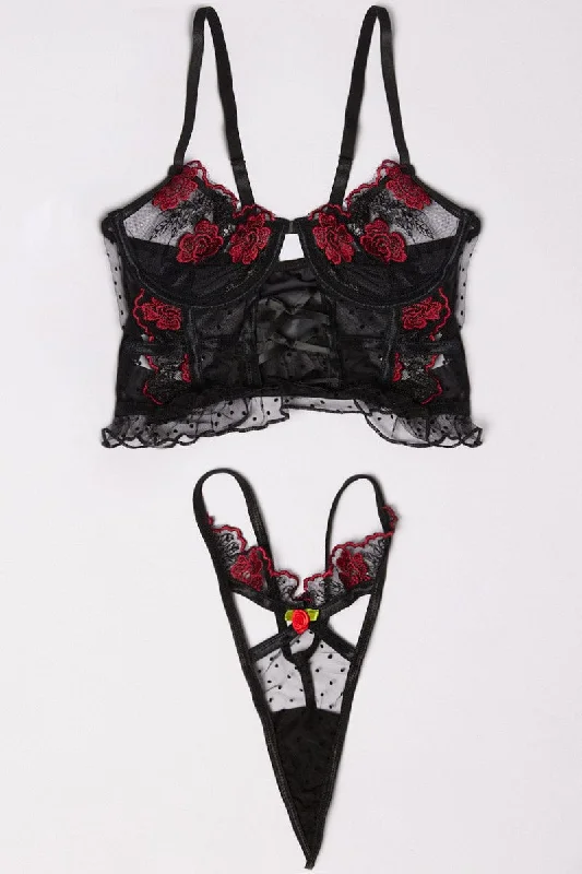 Women's Clothing For Outdoor Events Black Floral Embroidery Lingerie Set