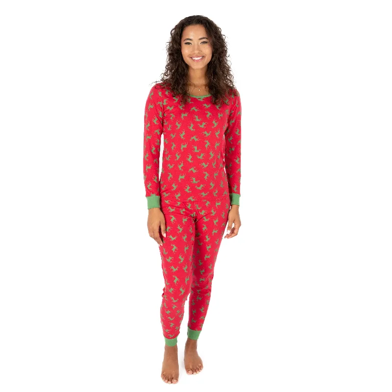 Women's Sports Apparel Christmas Womens Two Piece Cotton Pajamas Reindeer Red and Green