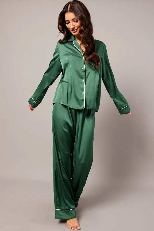 Women's Fashion-Forward Apparel Green Satin Pyjama Contrast Piping Long Leg Pj Set