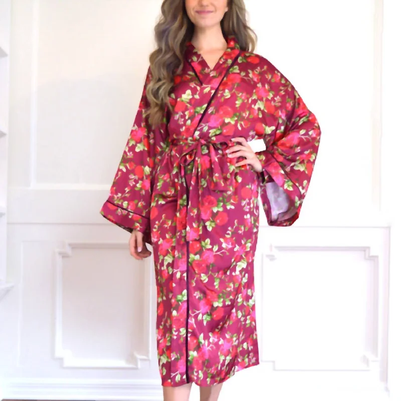 Charming Women's Holiday Apparel Floral Satin Robe In Burgundy