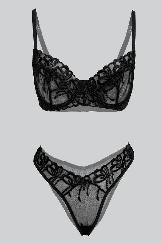 Women's Everyday Clothes Black Embroidered Lingerie Set