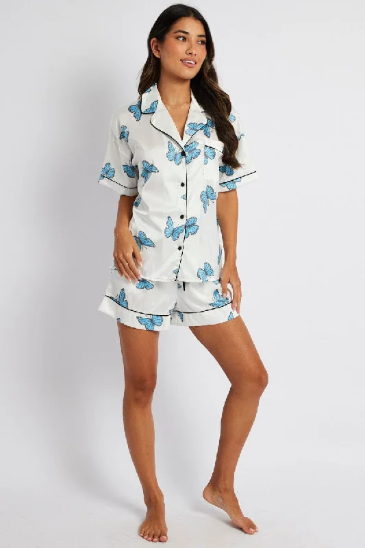 Sustainable Women's Apparel White Print Butterfly Pyjama Set Short Sleeve Piping Satin PJ