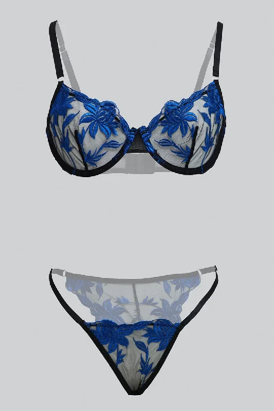 Casual Clothing For Women Blue Embroidered Lingerie Set