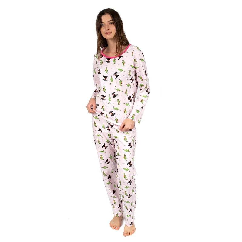 Stylish Women's Garments For Holidays Womens Two Piece Cotton Loose Fit Pajamas Dinosaur Pink