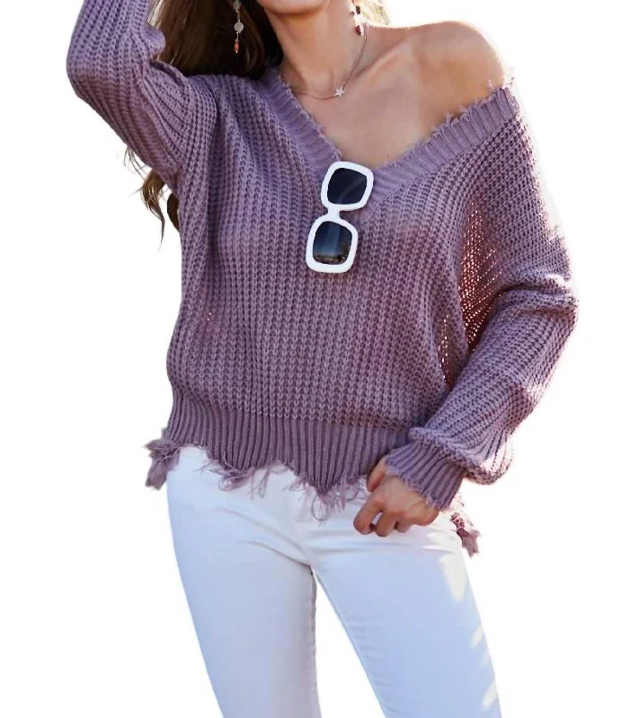 Women's Clothing And Garments Sets Frayed Sweater In Purple Ash