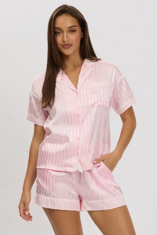 Casual Attire For Women Pink Stripe Satin Pyjamas Set Short Sleeve