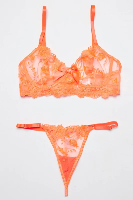 Women's Elegant Clothing Sets Orange Embroidery Lingerie Set