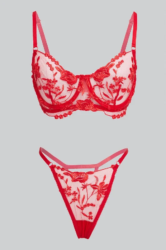 Women's Formal Clothes Red Floral Embroidered Lingerie Set