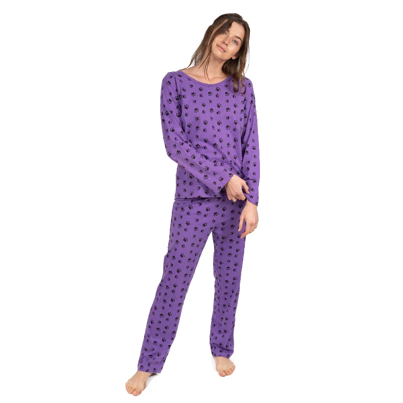 Women's Timeless Attire Womens Two Piece Cotton Loose Fit Pajamas Dog Paw Purple