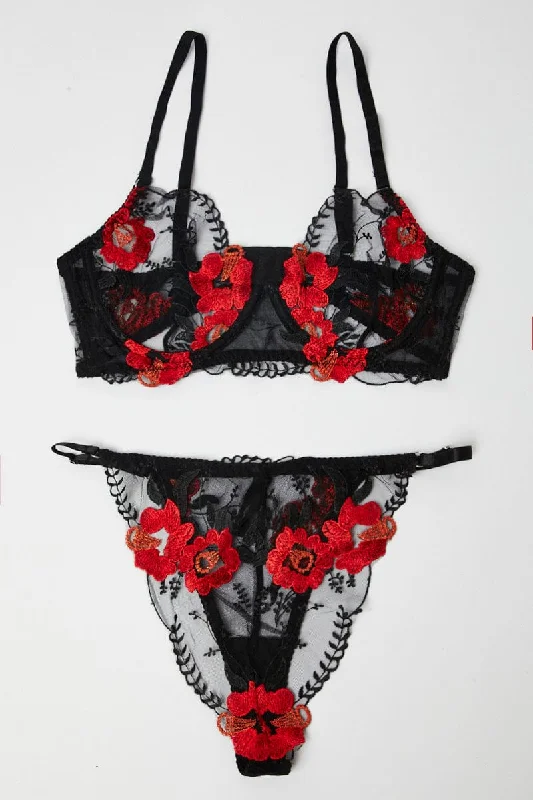 Tailored Clothing For Women Black Embroidery Lingerie Set