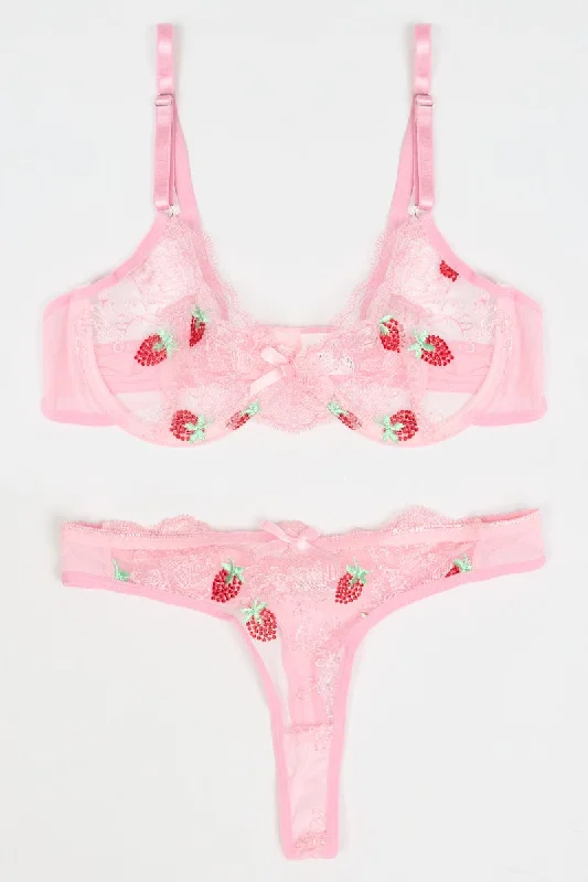 Women's Functional Outdoor Garments Pink Strawberry Embroidery Lingerie Set