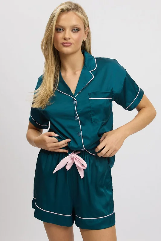 Women's Formal Event Attire Green Satin Pyjamas Set Short Sleeve