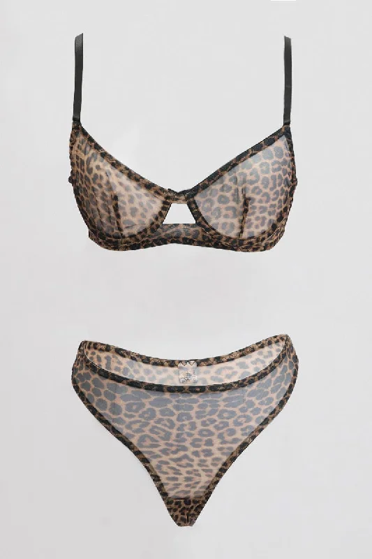 Vintage-Inspired Women's Apparel Brown Animal Print Mesh Lingerie Set