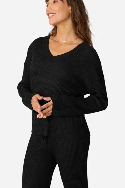 Comfortable Outfit For Women PJ Salvage Jet Set Luxe Ribbed Long Sleeve Top in Black