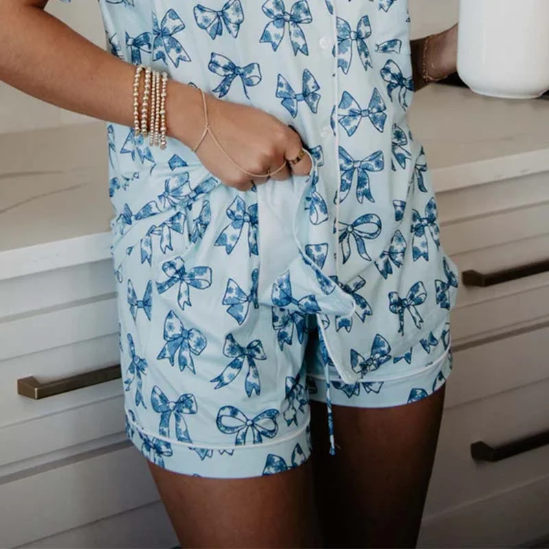 Women's Resort Attire Blue Bows Pajama Shorts