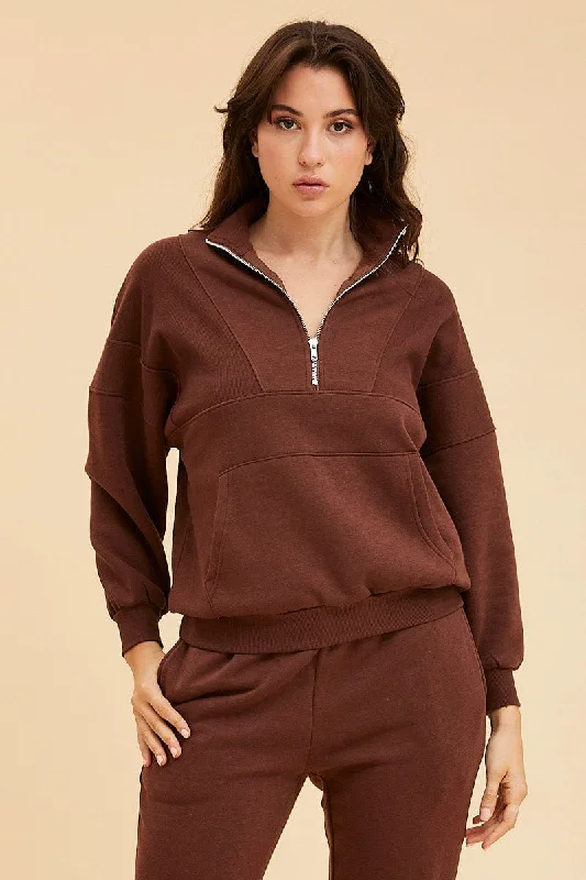 Women's High-Fashion Attire Brown 1/4 Zip Sweat Top Long Sleeve Front Pocket