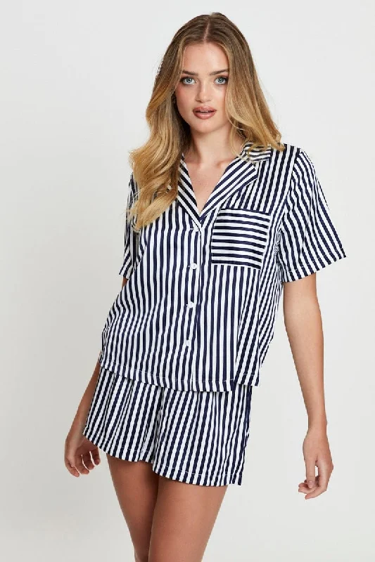 Women's Vacation Outfit Stripe Satin Pajamas Set Short Sleeve