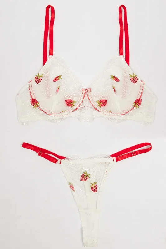 Women's Clothing For Everyday Wear White Strawberry Embroidery Lingerie Set